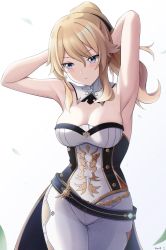 Rule 34 | 1girl, armpits, arms behind head, arms up, bare arms, bare shoulders, belt, black belt, blonde hair, blue eyes, breasts, cleavage, commentary, cowboy shot, detached collar, genshin impact, grey background, hair between eyes, highres, jean (genshin impact), keenh, long hair, medium breasts, ponytail, sidelocks, simple background, solo, standing, strapless