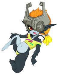 Rule 34 | 1girl, absurdres, bad id, bad twitter id, bikini, bikini bottom only, black skin, blue skin, clothes writing, colored sclera, colored skin, crop top, fang, full body, helmet, highres, looking at viewer, midna, multicolored skin, navel, neon trim, nintendo, one eye covered, open mouth, orange hair, red eyes, shirt, short hair, simple background, slugbox, solo, swimsuit, t-shirt, the legend of zelda, the legend of zelda: twilight princess, two-tone skin, white background, yellow bikini, yellow sclera, yellow shirt
