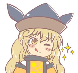 Rule 34 | 1girl, blonde hair, blush, brown hat, cape, closed mouth, commentary request, constellation, constellation print, detached sleeves, grey hat, gyate gyate, hair between eyes, hat, long hair, long sleeves, looking to the side, matara okina, one eye closed, orange cape, shimaya naokazu, shirt, simple background, smile, solo, star (symbol), tabard, tongue, tongue out, touhou, transparent background, upper body, wavy hair, white background, white shirt, wide sleeves, yellow eyes