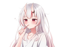Rule 34 | 1girl, absurdres, brushing teeth, commentary request, highres, holding, holding toothbrush, hololive, horns, karashi (asarikarasi), long hair, looking at viewer, multicolored hair, nakiri ayame, red eyes, red hair, shirt, silver hair, simple background, skin-covered horns, solo, streaked hair, toothbrush, toothbrush in mouth, virtual youtuber, white background, white shirt
