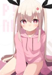 Rule 34 | 1girl, absurdres, text background, black panties, black ribbon, blush, closed mouth, collarbone, commentary request, drawstring, hair between eyes, hair ornament, hair ribbon, hairclip, highres, hood, hood down, hoodie, light brown hair, long hair, long sleeves, looking at viewer, multicolored hair, no pants, okota mikan, original, panties, pink hoodie, red eyes, ribbon, seiza, sitting, sleeves past fingers, sleeves past wrists, smile, solo, two-tone hair, underwear, very long hair, white background