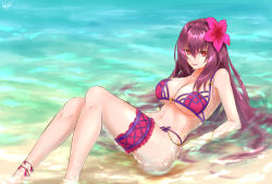 Rule 34 | 1girl, anklet, ass, bare shoulders, bikini, bracelet, breasts, cleavage, day, fate/grand order, fate (series), flower, hair flower, hair ornament, highres, jewelry, large breasts, long hair, looking at viewer, mitsugu, nail polish, navel, ocean, outdoors, partially submerged, purple bikini, purple hair, red eyes, scathach (fate), scathach (fate), scathach (swimsuit assassin) (fate), sitting, smile, solo, swimsuit, underboob, very long hair