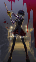 Rule 34 | 1girl, azasuke, black hair, black lagoon, black thighhighs, blood, bloody weapon, boots, chainsaw, frederica sawyer, goth fashion, layered sleeves, long sleeves, looking at viewer, pleated skirt, shirt, short hair, short over long sleeves, short sleeves, skirt, solo, t-shirt, thighhighs, weapon, zettai ryouiki