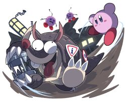 Rule 34 | battle, blush stickers, cage, claws, colored skin, highres, holding, holding cage, kirby, kirby (series), kirby and the forgotten land, nintendo, open mouth, pink skin, poyo party, sillydillo, solid oval eyes, tail, tongue, tongue out, wall-eyed