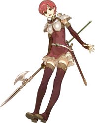 Rule 34 | 1girl, armor, belt, boots, breastplate, dress, elbow gloves, est (fire emblem), fire emblem, fire emblem: mystery of the emblem, fire emblem echoes: shadows of valentia, fire emblem gaiden, full body, gloves, headband, hidari (left side), holding, holding weapon, looking at viewer, nintendo, open mouth, pauldrons, polearm, red eyes, red hair, short dress, short hair, shoulder armor, smile, thigh boots, thighhighs, transparent background, weapon, zettai ryouiki