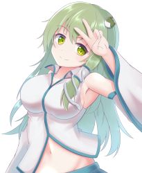 Rule 34 | 1girl, absurdres, armpits, blue skirt, breasts, collarbone, collared shirt, commentary request, detached sleeves, frog, frog hair ornament, green eyes, green hair, hair ornament, hair tubes, highres, kochiya sanae, medium breasts, midriff, navel, nontraditional miko, shirt, simple background, skirt, sleeveless, sleeveless shirt, smile, snake, snake hair ornament, stomach, touhou, upper body, v, white background, white shirt, wottosei