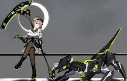 Rule 34 | 1girl, barcode, barcode tattoo, bare shoulders, black footwear, black gloves, bob cut, boots, brown hair, brown thighhighs, crossed legs, dress, elbow gloves, freze, full body, gloves, grey sky, grin, hair over one eye, highres, holding, holding scythe, holding weapon, honkai (series), honkai impact 3rd, long sleeves, looking at viewer, mole, mole under eye, moon, purple eyes, rita rossweisse, rita rossweisse (phantom iron), robot, scythe, shadow, short hair, sitting, sky, smile, solo, tattoo, teeth, thighhighs, unfinished, sketch background, weapon, white dress