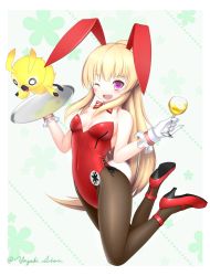Rule 34 | 1girl, ;d, animal ears, bow, bowtie, chalice, character request, cup, detached collar, drinking glass, fake animal ears, gloves, leotard, long hair, md5 mismatch, one eye closed, open mouth, pantyhose, phantasy star, phantasy star online 2, playboy bunny, rabbit ears, rabbit tail, resolution mismatch, smile, source larger, tail, tray, wine glass, yazaki shion