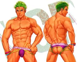 Rule 34 | 1boy, abs, ass cutout, bad id, bad link, bad twitter id, bara, bulge, character request, clothing cutout, copyright request, dark-skinned male, dark skin, ear piercing, feet out of frame, green hair, groin, hair slicked back, jockstrap, king of prism, king of prism by prettyrhythm, large pectorals, looking at viewer, male focus, male underwear, male underwear pull, multiple views, muscular, muscular male, navel, nipples, obliques, pectorals, piercing, pretty rhythm, pretty series, pulled by self, purple male underwear, short hair, sideburns, smirk, standing, stomach, thighs, topless male, undercut, underwear, usada (usaddd), v-shaped eyebrows, yellow male underwear