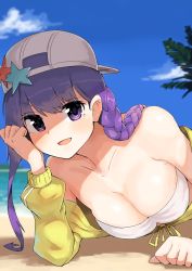 Rule 34 | 1girl, absurdres, backwards hat, bare shoulders, baseball cap, bb (fate), bb (fate) (all), bb (swimsuit mooncancer) (fate), bb (swimsuit mooncancer) (first ascension) (fate), blush, breasts, cleavage, fate/grand order, fate (series), hat, highres, katsu (katsupainter), long hair, looking at viewer, lying, medium breasts, ocean, on side, open mouth, purple eyes, purple hair, smile, solo, summer, swimsuit, very long hair