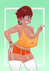 Rule 34 | 1girl, absurdres, alternate costume, alternate hairstyle, bad id, bad twitter id, blue eyes, blush, bracelet, breast curtain, breasts, brown hair, cleavage, collarbone, contrapposto, cowboy shot, drawstring, earrings, flower earrings, grin, hand on own hip, highres, jewelry, large breasts, lipstick, looking at viewer, makeup, mario (series), midriff, navel, nintendo, plump, princess daisy, riz, short hair, shorts, signature, smile, solo, striped clothes, striped thighhighs, tan, teeth, thighhighs, tomboy, v
