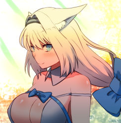 Rule 34 | 1girl, animal ear fluff, animal ears, argyle, argyle clothes, argyle cutout, blue bow, blue eyes, blue ribbon, blush, bow, breasts, cat ears, cat girl, cleavage, clothing cutout, collarbone, detached collar, dobrynya nikitich (fate), dress, fate/grand order, fate (series), hairband, kuzaki kaede, large breasts, looking at viewer, looking to the side, low ponytail, ribbon, short dress, smile, solo, upper body, white hair