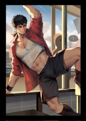Rule 34 | !, 1boy, abs, aussummer, bandaid, bandaid on cheek, bandaid on face, bara, black hair, black shorts, closed mouth, cloud, covered erect nipples, extra, highres, indoors, jacket, large pectorals, male focus, muscular, muscular male, navel, open clothes, open jacket, original, pectorals, red jacket, short hair, shorts, sky, smile, tank top, white tank top, wristband