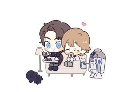 Rule 34 | 2boys, anakin skywalker, blue eyes, blush stickers, character doll, couch, darth vader, doughnut, droid, eating, father and son, food, gloves, lamp, luke skywalker, milk, multiple boys, simple background, single glove, sitting, skdlfjgrp, star wars, star wars: a new hope, star wars: revenge of the sith, white background
