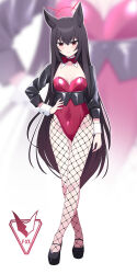 Rule 34 | 1girl, animal ear fluff, animal ears, black footwear, black hair, black jacket, blue archive, blush, breasts, closed mouth, covered navel, detached collar, eko, fishnet pantyhose, fishnets, fox ears, full body, hair between eyes, halo, hand on own hip, highres, jacket, leotard, long hair, long sleeves, looking at viewer, open clothes, open jacket, pantyhose, red eyes, red halo, red leotard, shoes, small breasts, smile, solo, strapless, strapless leotard, yukino (blue archive)