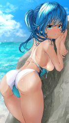 Rule 34 | 1girl, aigami kaon, ass, back, blue eyes, blue hair, blue sky, blush, breasts, closed mouth, clothes pull, clothing aside, commentary request, competition swimsuit, day, from behind, garter-velvet, highleg, highres, horizon, long hair, looking at viewer, ocean, one-piece swimsuit, one-piece swimsuit pull, original, outdoors, rock, sideboob, signature, sky, small breasts, smile, solo, standing, swimsuit, swimsuit aside, tan, tanline
