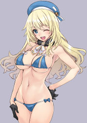 Rule 34 | 10s, 1girl, atago (kancolle), bad id, bikini, black gloves, blonde hair, blue bikini, blue eyes, blush, breasts, cleavage, commentary, gloves, hand on own hip, hat, highres, kantai collection, large breasts, long hair, looking at viewer, matsuryuu, navel, one eye closed, open mouth, simple background, skindentation, smile, solo, stomach, strap gap, swimsuit, wavy hair, wink