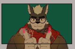 Rule 34 | 1boy, absurdres, alternate costume, animal ears, bad id, bad weibo id, bara, beenic, bespectacled, christmas, dog boy, dog ears, furry, furry male, glasses, green background, gyee, hands up, heart, heart hands, highres, holding, holding letter, kuroshima kurishiro (muyi24108414), letter, looking at viewer, male focus, motion lines, original, red scarf, round eyewear, scarf, short hair, smile, solo, thick eyebrows, upper body