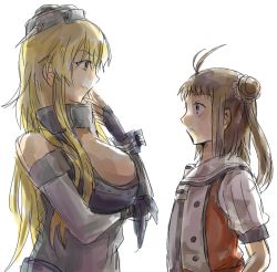 Rule 34 | 10s, 2girls, ahoge, bad id, bad twitter id, blonde hair, brown eyes, brown hair, double bun, elbow gloves, ezima minami, fingerless gloves, gloves, height difference, highres, iowa (kancolle), kantai collection, long hair, looking at another, multiple girls, naka (kancolle), remodel (kantai collection), school uniform, serafuku