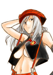 Rule 34 | 10s, 1girl, alisa ilinichina amiella, arm up, blue eyes, breasts, cabbie hat, edoyano, elbow gloves, fingerless gloves, gloves, god eater, god eater burst, hand on headwear, hat, large breasts, long hair, looking at viewer, silver hair, simple background, skirt, solo, suspender skirt, suspenders, underboob, white background