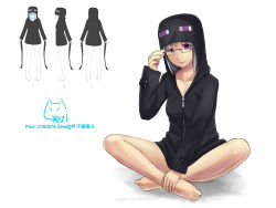 Rule 34 | 1girl, adjusting eyewear, barefoot, bottomless, dongqing zaozigao, enderman, full body, glasses, hands on feet, highres, hood, hoodie, indian style, minecraft, open mouth, plantar flexion, purple eyes, silver hair, simple background, sitting, smile, solo, uneven eyes, white background