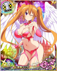Rule 34 | 1girl, ahoge, angel, angel wings, bare shoulders, blowing kiss, bra, breasts, bridal gauntlets, brown hair, card (medium), chess piece, cleavage, cowboy shot, female focus, gloves, hair between eyes, high school dxd, high school dxd born, large breasts, lingerie, long hair, looking at viewer, midriff, navel, official art, one eye closed, panties, pink bra, pink gloves, pink panties, pink thighhighs, purple eyes, rook (chess), shidou irina, solo, thighhighs, torn bra, torn clothes, torn gloves, twintails, underwear, underwear only, white wings, wings, wink