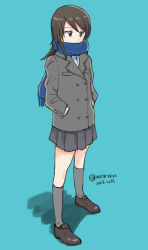Rule 34 | 1girl, aqua background, blue footwear, blue scarf, brown eyes, brown hair, coat, covered mouth, dated, dress shirt, full body, girls und panzer, grey coat, grey skirt, hands in hair, keizoku school uniform, kneehighs, loafers, long hair, looking to the side, mika (girls und panzer), miniskirt, mutsu (layergreen), no headwear, one-hour drawing challenge, pleated skirt, scarf, school uniform, shadow, shirt, shoes, simple background, skirt, socks, solo, standing, twitter username, white shirt, winter uniform