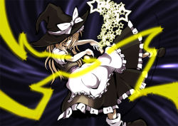 Rule 34 | 1girl, apron, black footwear, black hat, black skirt, black vest, blonde hair, blurry, bow, braid, depth of field, eyebrows, female focus, frilled apron, frills, green bow, grin, hair between eyes, hair bow, hat, hat bow, hat over one eye, hat ribbon, kirisame marisa, long hair, looking at viewer, magic, one eye covered, outstretched arms, ribbon, shirt, shoes, short sleeves, skirt, smile, socks, solo, star (symbol), touhou, tsuttsu, vest, waist apron, white apron, white bow, white ribbon, white shirt, white socks, witch hat, yellow eyes