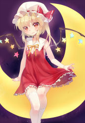 Rule 34 | 1girl, asymmetrical legwear, bare arms, blonde hair, blush, bow, crescent moon, dress, flandre scarlet, hat, hat bow, heart, heart-shaped pupils, highres, moon, mvv, neck ribbon, on crescent, red eyes, ribbon, short hair, side ponytail, sleeveless, sleeveless dress, smile, solo, star (symbol), symbol-shaped pupils, thighhighs, touhou, uneven legwear, white thighhighs, wings