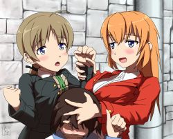 Rule 34 | 3girls, ahoge, ajapar, arm grab, blonde hair, blue eyes, breasts, brown hair, charlotte e. yeager, clenched hand, clenched hands, hand on head, large breasts, lynette bishop, miyafuji yoshika, multiple girls, open mouth, smile, strike witches, thumbs up, world witches series