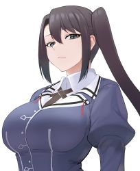 Rule 34 | 1girl, absurdres, black hair, breasts, closed mouth, grey eyes, hair between eyes, highres, kantai collection, large breasts, long hair, nachi (kancolle), ponytail, side ponytail, sidelocks, simple background, solo, takaman (gaffe), uniform, upper body, white background