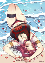 Rule 34 | 1girl, beach, bikini, blush, breasts, brown eyes, cleavage, day, flower, highres, izayoi aki, large breasts, long hair, looking at viewer, lying, mibry (phrysm), ocean, on back, outdoors, petals, red hair, rose petals, see-through, shore, solo, swimsuit, thighs, transparent, water, wet, yu-gi-oh!, yu-gi-oh! 5d&#039;s
