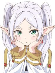 Rule 34 | 1girl, earrings, frieren, green eyes, hands on own face, jewelry, pointy ears, sousou no frieren, teabeam, thick eyebrows, twintails, upper body, white background, white hair
