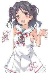 Rule 34 | 1girl, anchor ornament, black eyes, black hair, braid, calin, clothes writing, dated, dress, highres, kantai collection, looking at viewer, mole, mole under eye, neckerchief, one-hour drawing challenge, sailor collar, sailor dress, scirocco (kancolle), short hair, signature, simple background, sleeveless, sleeveless dress, solo, striped neckerchief, striped neckwear, tan, two side up, white background, white dress, white sailor collar