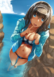 Rule 34 | 1girl, bikini, black hair, blue eyes, blue sky, blush, breasts, checkered bikini, checkered clothes, cleavage, cloud, commentary request, day, finger to mouth, flying sweatdrops, from above, idolmaster, idolmaster cinderella girls, jacket, large breasts, lips, long hair, looking at viewer, navel, nohito, ocean, open mouth, outdoors, partially submerged, rock, sagisawa fumika, sky, swimsuit, wading, water