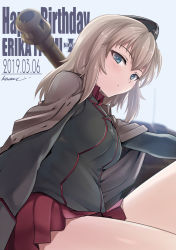 Rule 34 | 1girl, artist name, black hat, black jacket, blue eyes, blurry, blurry background, blurry foreground, blush, brown jacket, character name, closed mouth, dated, depth of field, dress shirt, emblem, english text, from side, garrison cap, girls und panzer, half-closed eyes, happy birthday, hat, highres, insignia, itsumi erika, jacket, jacket on shoulders, kasai shin, kuromorimine (emblem), kuromorimine military uniform, light blush, light frown, long hair, long sleeves, looking at viewer, military, military hat, military uniform, military vehicle, miniskirt, motor vehicle, pleated skirt, red shirt, shirt, signature, silver hair, sitting, skirt, solo, tank, tiger ii, uniform