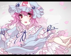 Rule 34 | 1girl, :d, blue dress, blue ribbon, blush, cherry blossoms, dated, dress, frilled dress, frills, hat, hat ribbon, ice (aitsugai), japanese clothes, letterboxed, long sleeves, looking at viewer, mob cap, neck ribbon, open mouth, petals, pink eyes, pink hair, ribbon, ribbon-trimmed sleeves, ribbon trim, saigyouji yuyuko, short hair, smile, solo, touhou, triangular headpiece, twitter username, upper body, veil, wide sleeves