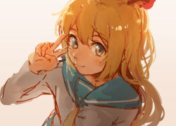 Rule 34 | 1girl, arm at side, arm up, blonde hair, blue eyes, blue sailor collar, blue skirt, closed mouth, commentary, english commentary, hair between eyes, hair ribbon, k (sktchblg), kirisaki chitoge, long hair, long sleeves, looking at viewer, neckerchief, nisekoi, orange hair, ribbon, sailor collar, school uniform, serafuku, skirt, smile, solo, v, yellow neckerchief