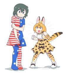 Rule 34 | 2girls, american flag, american flag dress, american flag legwear, animal ears, artist name, bare shoulders, blonde hair, blouse, blue eyes, bow, bowtie, cat ears, clenched hands, clownpiece, clownpiece (cosplay), commentary, commission, cosplay, covering privates, covering crotch, dress, elbow gloves, embarrassed, english commentary, extra ears, gloves, hair between eyes, high-waist skirt, highres, kaban (kemono friends), kemono friends, multiple girls, open mouth, pantyhose, serval (kemono friends), serval print, serval tail, shirt, skirt, smile, sweat, tail, touhou, traditional bowtie, twitter username, vibrantrida, white background, yellow eyes