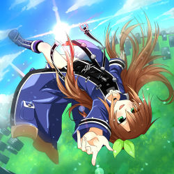 Rule 34 | 10s, 1girl, blue sky, bow, brown hair, cloud, day, female focus, green eyes, hair ornament, highres, if (neptunia), jacket, long hair, looking at viewer, neptune (series), open clothes, open jacket, ribbon, shika tsui, sky, smile, solo