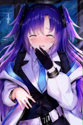 Rule 34 | 1girl, absurdres, belt, blue archive, blue necktie, closed eyes, crying, formal, gloves, halo, hand to own mouth, highres, id card, jacket, jewelry, marriage proposal, multicolored clothes, multicolored jacket, necktie, off shoulder, ornate ring, parted bangs, purple hair, ring, shirt, sky, star (sky), starry sky, suit, tears, torabera, two-tone jacket, two side up, wedding ring, white belt, white jacket, white shirt, yuuka (blue archive)