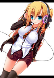 Rule 34 | 1girl, black thighhighs, blonde hair, blue eyes, bow, breasts, cable, fang, hair between eyes, hair bow, headphones, impossible clothes, impossible shirt, jacket, large breasts, letterboxed, long sleeves, looking at viewer, necktie, open mouth, original, plaid necktie, shirt, shorts, simple background, solo, syroh, thighhighs, twintails, white background