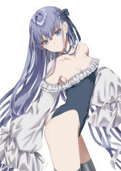 Rule 34 | 1girl, ass, bare shoulders, blue choker, blue eyes, blue leotard, blue ribbon, breasts, choker, closed mouth, collarbone, commentary, covered navel, crossed bangs, expressionless, fate/grand order, fate (series), frilled leotard, frilled one-piece swimsuit, frilled sleeves, frills, from side, hair ribbon, head tilt, highres, leotard, long hair, long sleeves, meltryllis, meltryllis (fate), meltryllis (swimsuit lancer) (fate), meltryllis (swimsuit lancer) (second ascension) (fate), one-piece swimsuit, oshage (osyage921), puffy long sleeves, puffy sleeves, purple hair, ribbon, sleeves past fingers, sleeves past wrists, small breasts, solo, standing, swimsuit, twisted torso, very long hair, very long sleeves