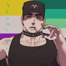 Rule 34 | 1boy, akumicke, armpit hair, armpit hair peek, bara, baseball cap, black nails, black tank top, cigarette, collar, earrings, facial hair, flag background, gay male pride flag, goatee stubble, hand up, hat, highres, jewelry, large pectorals, male focus, mature male, mole, mole under eye, muscular, muscular male, nose piercing, nose ring, original, pectoral cleavage, pectorals, piercing, short hair, sideburns, solo, spiked collar, spikes, stubble, tank top, thick eyebrows, upper body