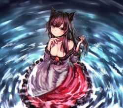 Rule 34 | 1girl, animal ears, bad id, bad twitter id, bare shoulders, breasts, brooch, brown hair, cleavage, dress, female focus, fingernails, gradient background, hand in own hair, head rest, highres, holding, holding own hair, imaizumi kagerou, jewelry, large breasts, long hair, long sleeves, looking at viewer, pyonsuke (pyon2 mfg), red eyes, smile, solo, touhou, wading, wolf ears