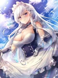 Rule 34 | 1girl, apron, arm guards, azur lane, belfast (azur lane), blue eyes, blue sky, blush, braid, breasts, chain, cleavage, closed mouth, clothes lift, cloud, collar, collarbone, corset, cowboy shot, day, dress, dress lift, floating hair, french braid, frilled gloves, frills, gloves, highres, large breasts, lifted by self, long hair, looking at viewer, maid, maid headdress, motokonut, outdoors, sidelocks, silver hair, skindentation, sky, smile, solo, sparkle, splashing, sunlight, water drop, white gloves
