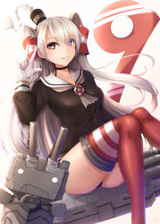 Rule 34 | 1girl, absurdres, amatsukaze (kancolle), breasts, brown dress, dress, gloves, grey neckerchief, hair tubes, hat, highres, kantai collection, lifebuoy ornament, long hair, long sleeves, mini hat, neckerchief, red thighhighs, rensouhou-kun, sailor dress, seiya (iiseven), short dress, silver hair, sitting, small breasts, smokestack hair ornament, striped clothes, striped thighhighs, thighhighs, two side up, white gloves