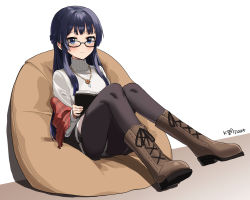 Rule 34 | 1girl, bean bag chair, black-framed eyewear, black pantyhose, black skirt, blush, book, brown background, brown footwear, commentary, embarrassed, flower, flower necklace, foreshortening, gem, glasses, hair intakes, hair over shoulder, half updo, highres, holding, holding book, idolmaster, idolmaster million live!, idolmaster million live! theater days, jewelry, long hair, long sleeves, looking at viewer, miniskirt, mogami shizuka, multicolored background, myeolchi, necklace, open book, panties, panties under pantyhose, pantyhose, pantyshot, pink lips, plaid shawl, pleated skirt, reading, shadow, shawl, single stripe, sitting, skirt, solo, striped clothes, striped skirt, sweater, turtleneck, turtleneck sweater, two-tone background, underwear, white background, white panties, white stripes, white sweater