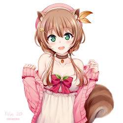 Rule 34 | 1girl, :d, absurdres, acorn, animal ear fluff, animal ears, ayunda risu, ayunda risu (1st costume), bare shoulders, beret, blush, bow, brown hair, cardigan, chrisandita, collarbone, commentary, dated, dress, green eyes, hair between eyes, hair bobbles, hair ornament, hairclip, hands up, hat, highres, hololive, hololive indonesia, leaf hair ornament, long hair, long sleeves, multicolored hair, open cardigan, open clothes, open mouth, pink cardigan, red bow, red hat, simple background, sleeveless, sleeveless dress, sleeves past wrists, smile, solo, squirrel ears, squirrel girl, squirrel tail, streaked hair, striped, striped bow, tail, twitter username, virtual youtuber, white background, white dress, white hair