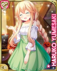 Rule 34 | 1girl, :d, alternate hairstyle, autumn, barefoot sandals (jewelry), blonde hair, bow, braid, card (medium), character name, closed eyes, day, dress, girlfriend (kari), green dress, green eyes, indoors, long hair, official art, open mouth, qp:flapper, smile, standing, tagme, twin braids, yumesaki haruko